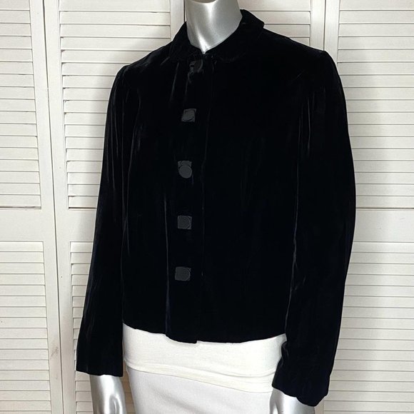 Vintage 40s Goldies Black Velvet Peter Pan Collar Blazer Jacket Round Buttons L